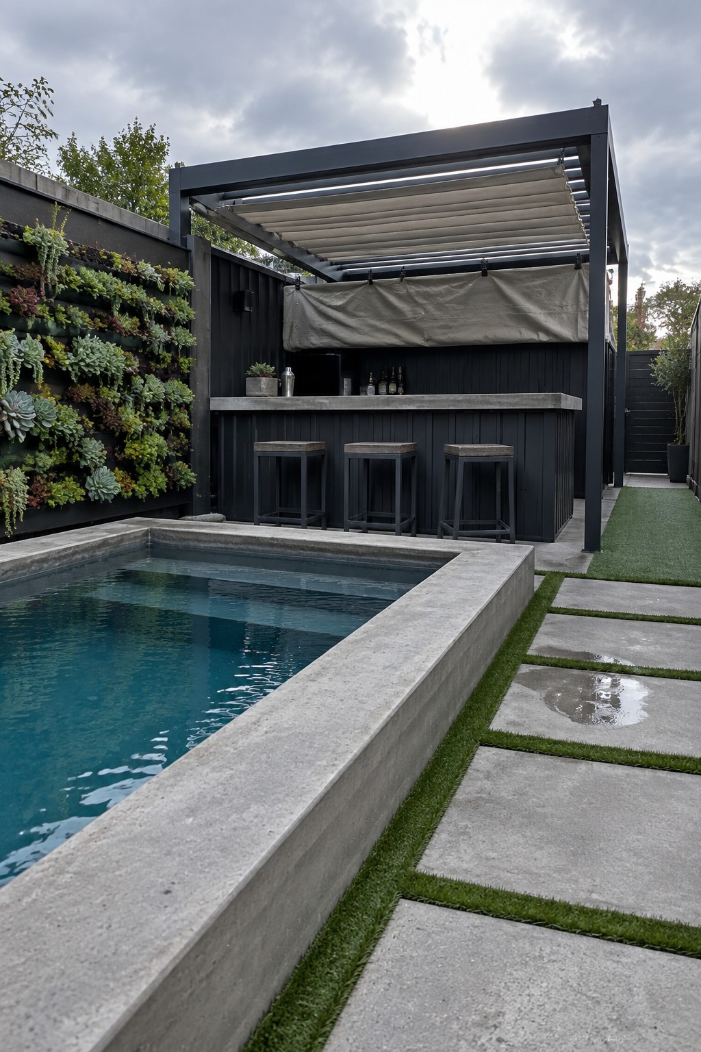 A rectangular plunge pool with concrete edges sits beside a dark outdoor bar counter with three stools, under a black pergola with a rolled-up shade, next to a vertical garden wall covered in succulents.