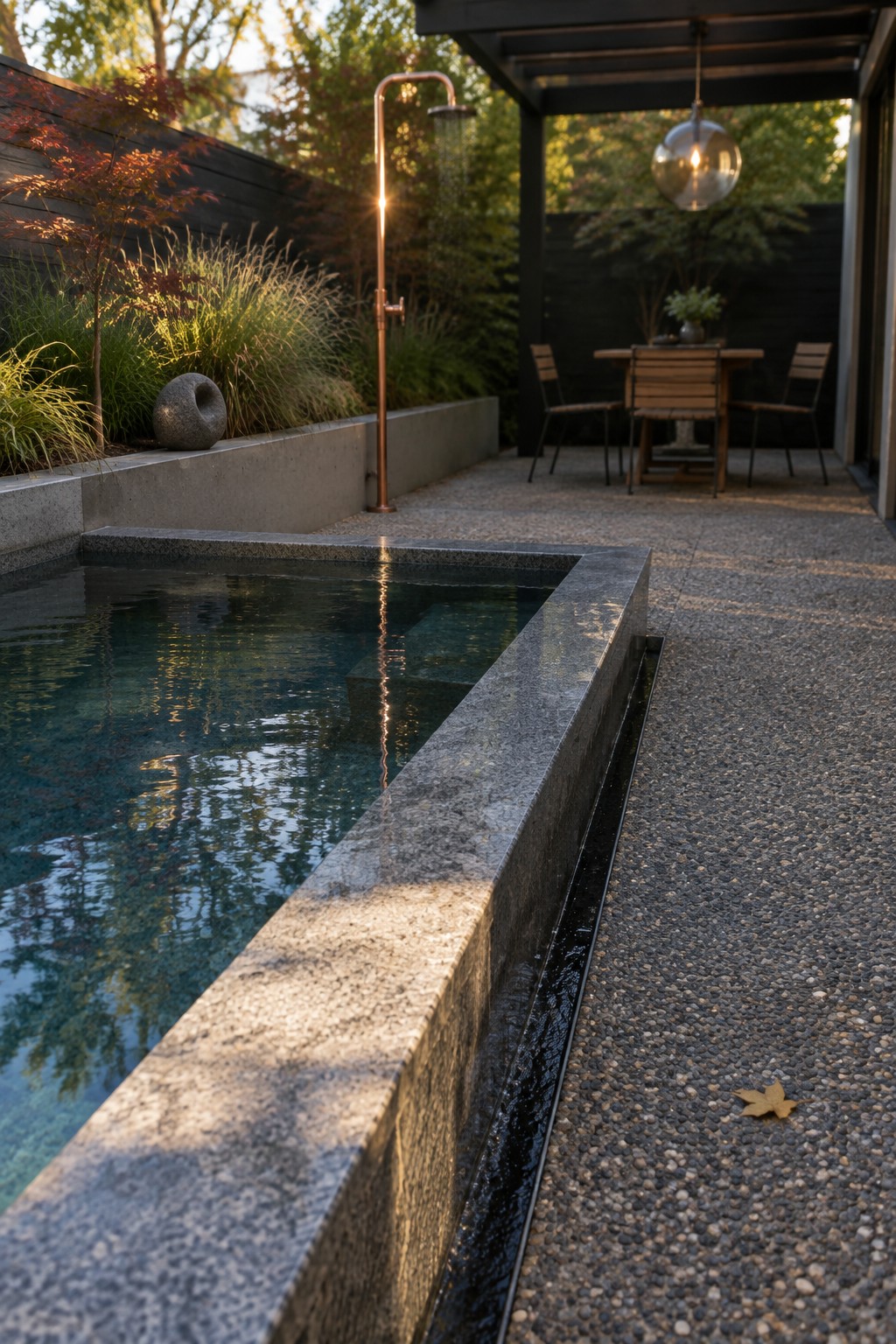 Modern plunge pool with copper shower on gravel patio near wooden dining table