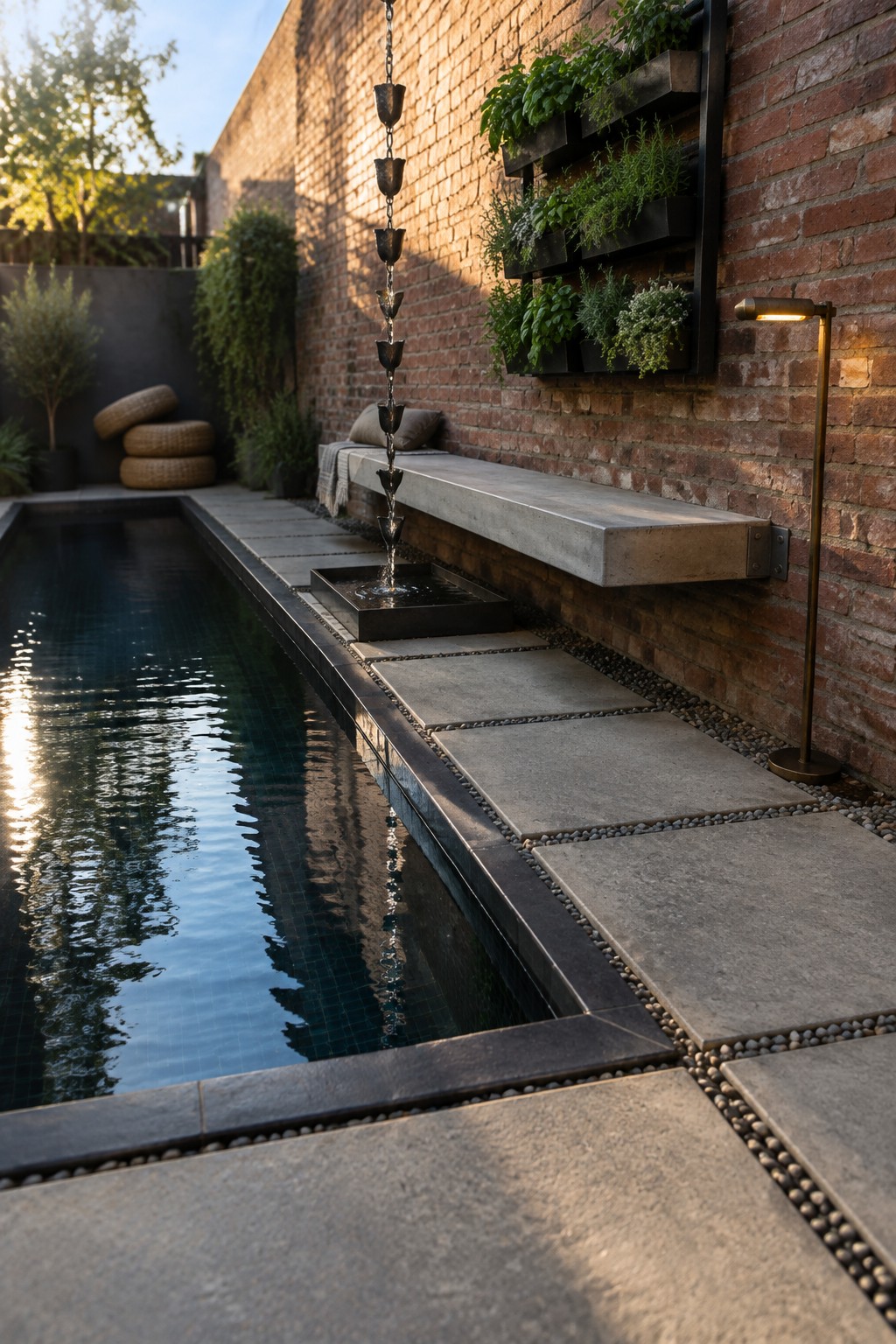 Narrow pool, rain chain, brick wall with vertical planters, concrete bench at dusk.
