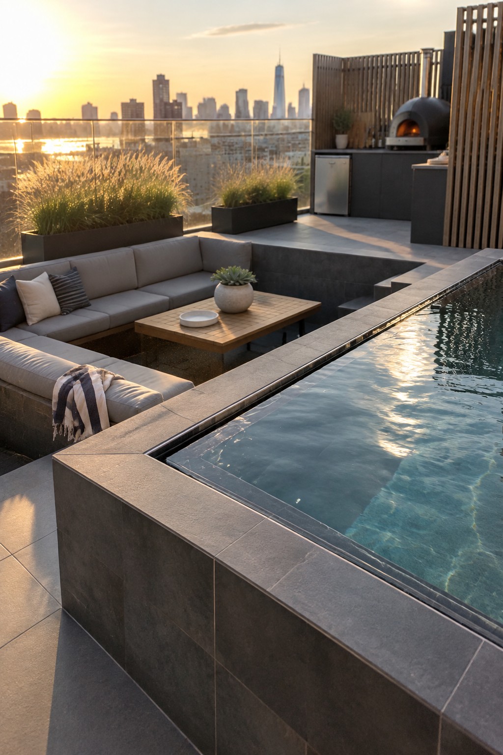 Rooftop infinity pool beside gray sectional sofa, coffee table, and skyline at sunset