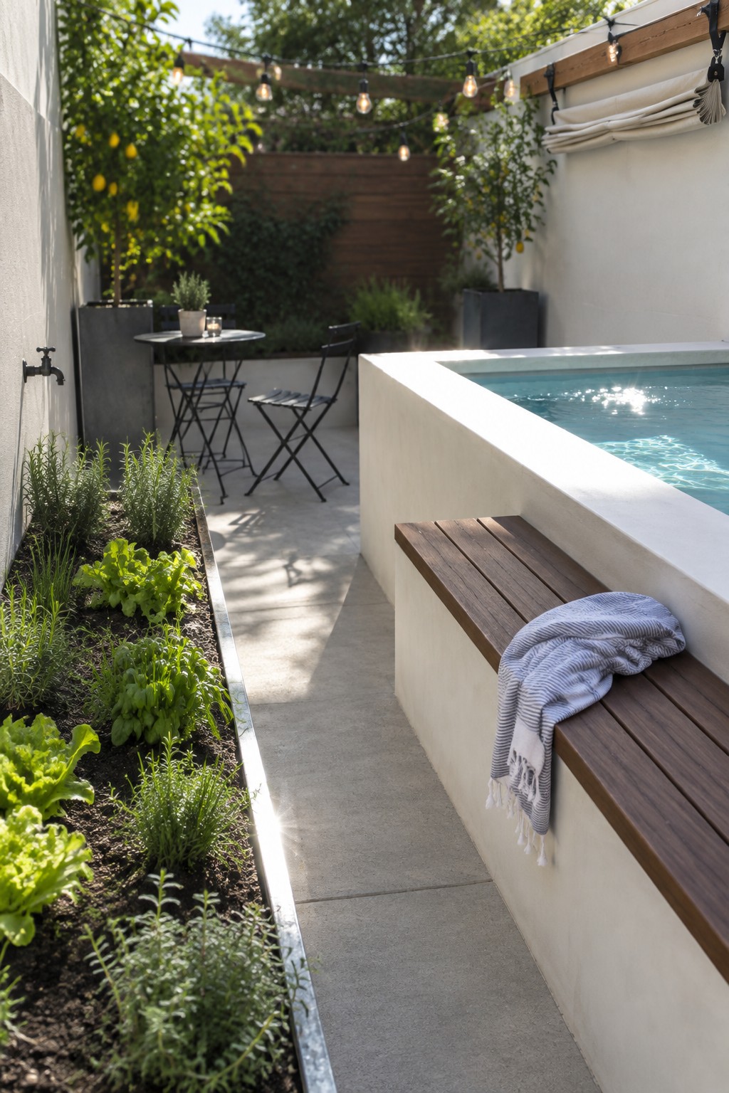 A narrow backyard plunge pool with a built-in wooden bench along the edge, a striped towel on the bench, and a raised garden bed beside the concrete patio.