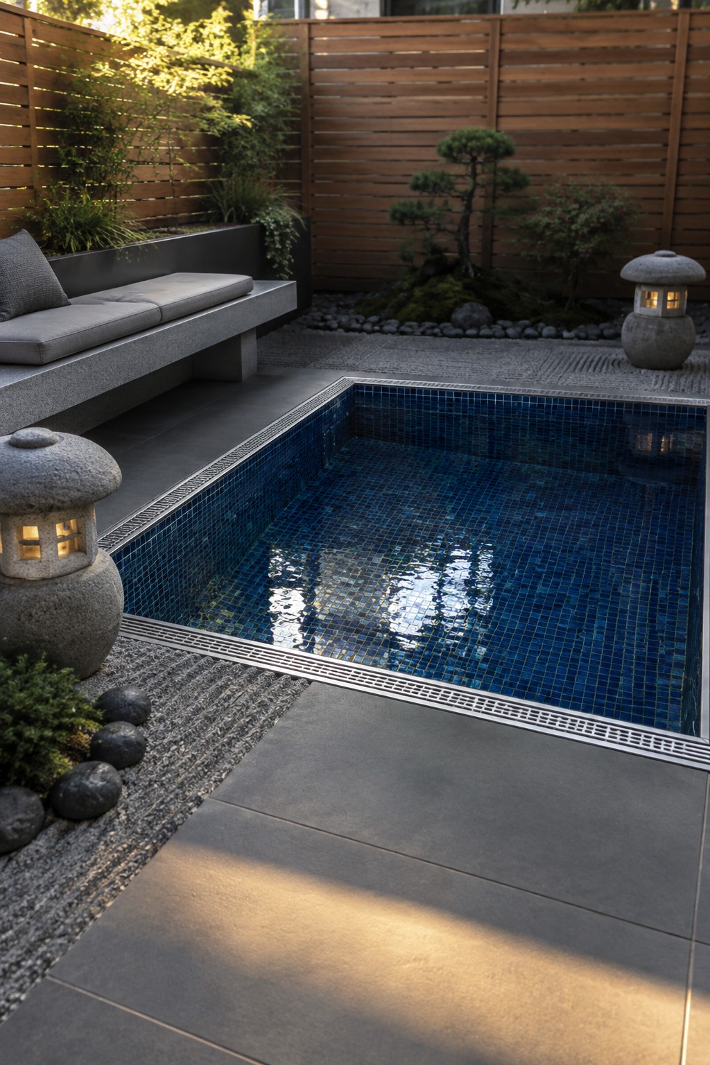 A small rectangular plunge pool with blue mosaic tiles is set in a compact backyard with a built-in concrete bench along one side, wooden privacy fencing, gravel ground cover, and two stone lanterns.