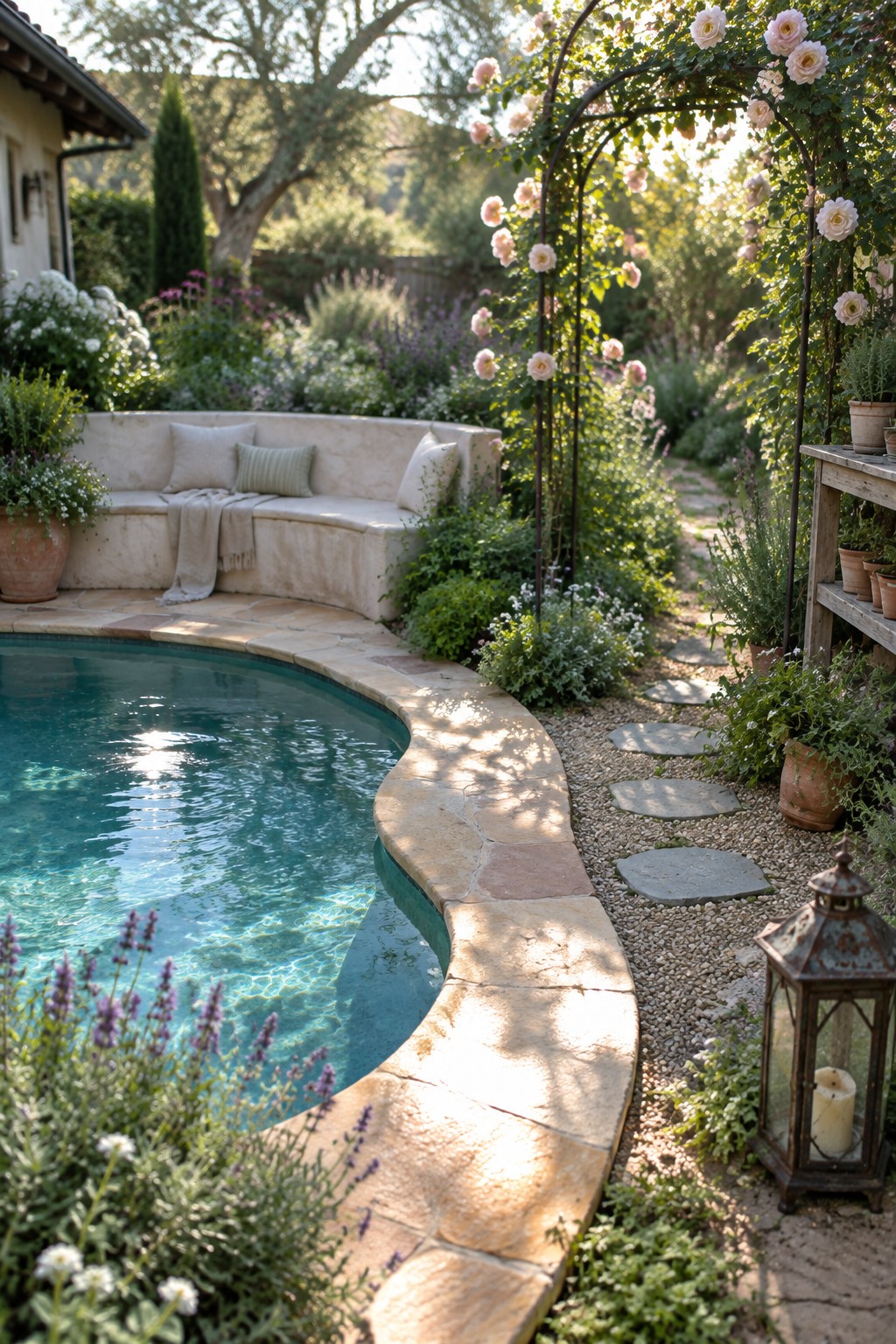A small curved plunge pool with built-in stone bench seating, surrounded by gravel paths, stepping stones, and flowering plants.