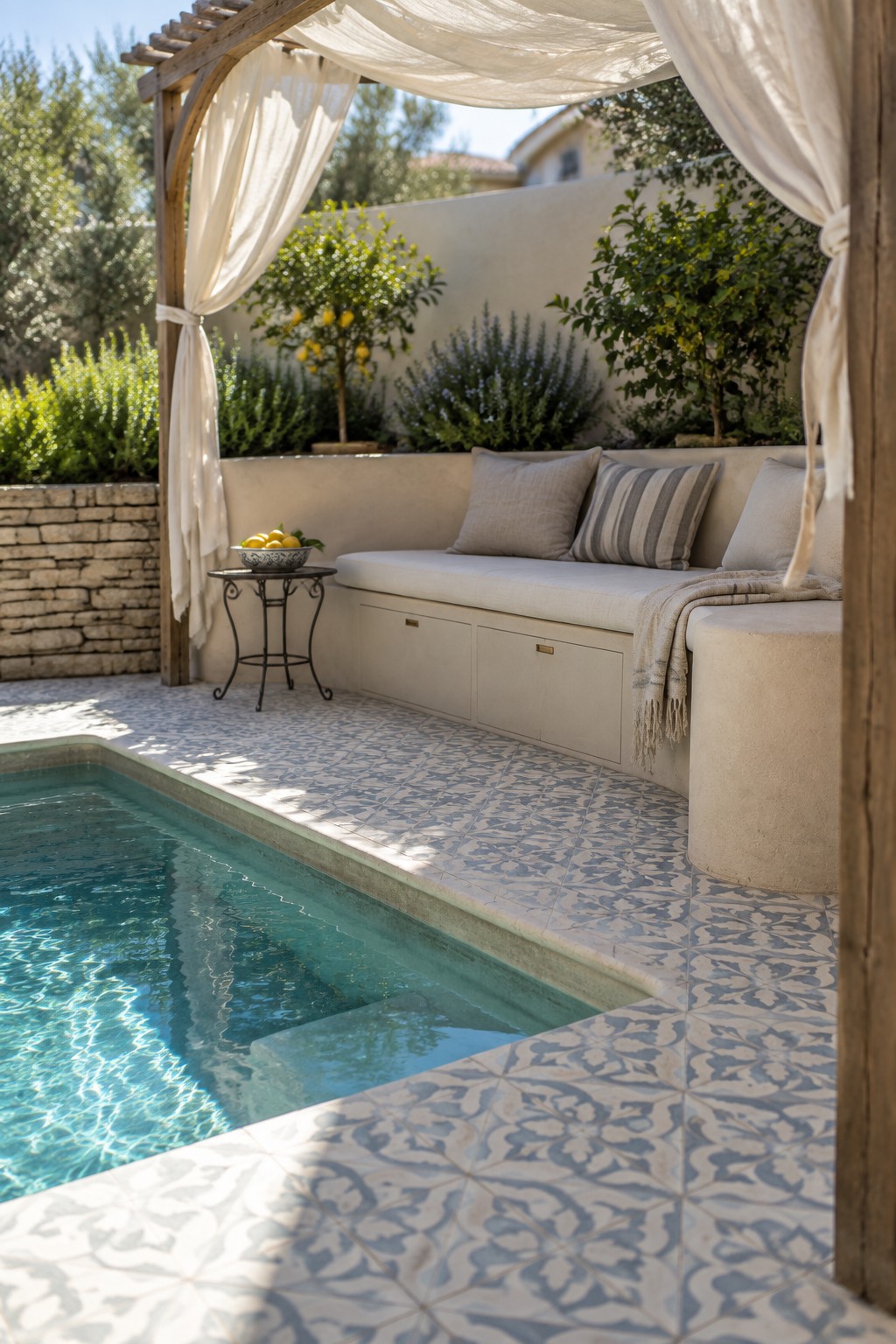 A small plunge pool with patterned tile decking, a built-in bench with storage drawers and cushions, and a wooden pergola with white fabric curtains.