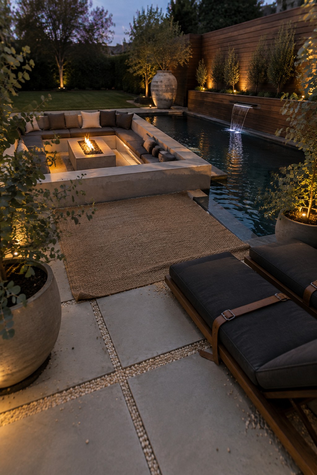 Modern patio with pool, waterfall, fire pit, lounge chairs and woven rug at dusk