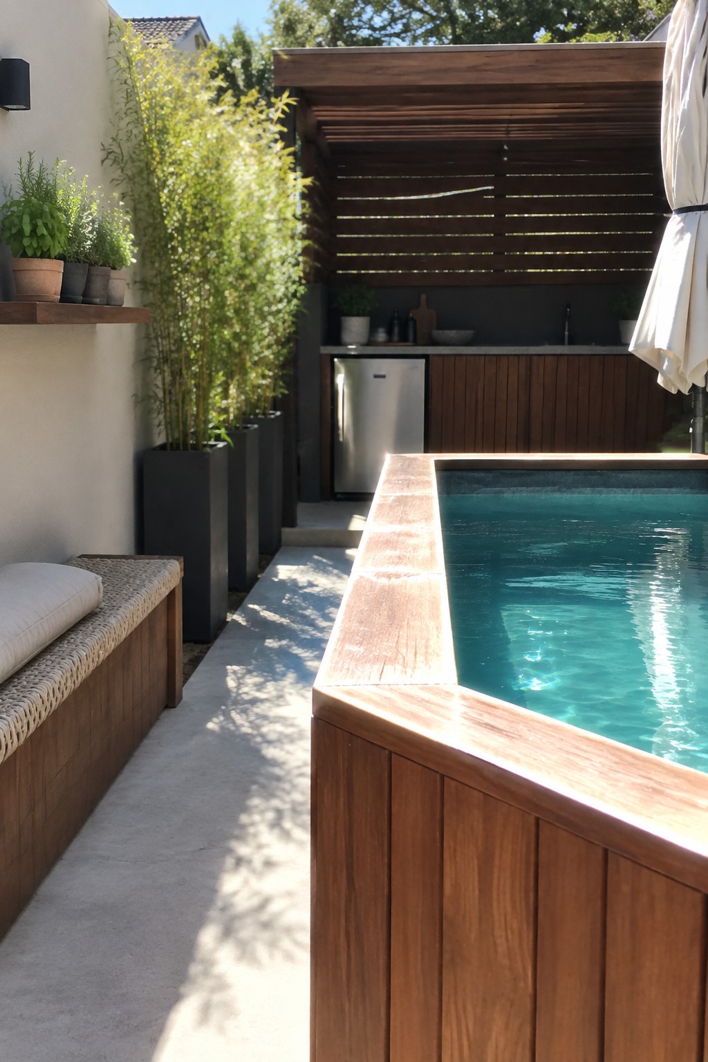 A rectangular plunge pool with thick wooden edging sits next to a covered outdoor kitchen with a stainless fridge, dark cabinetry, and potted plants along a narrow concrete path.