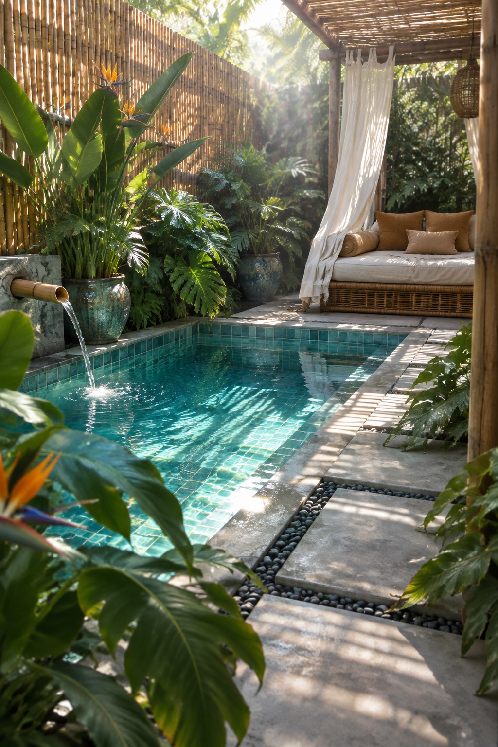 A compact rectangular plunge pool with blue-green tiles sits beside a bamboo fence, with a rattan daybed under a wooden pergola and tropical plants around the edges.