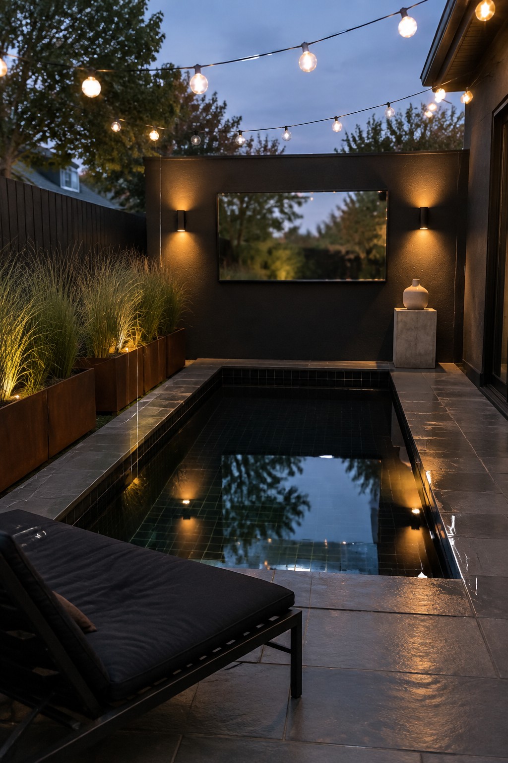 Black lounge chair beside dark tiled pool with string lights at dusk