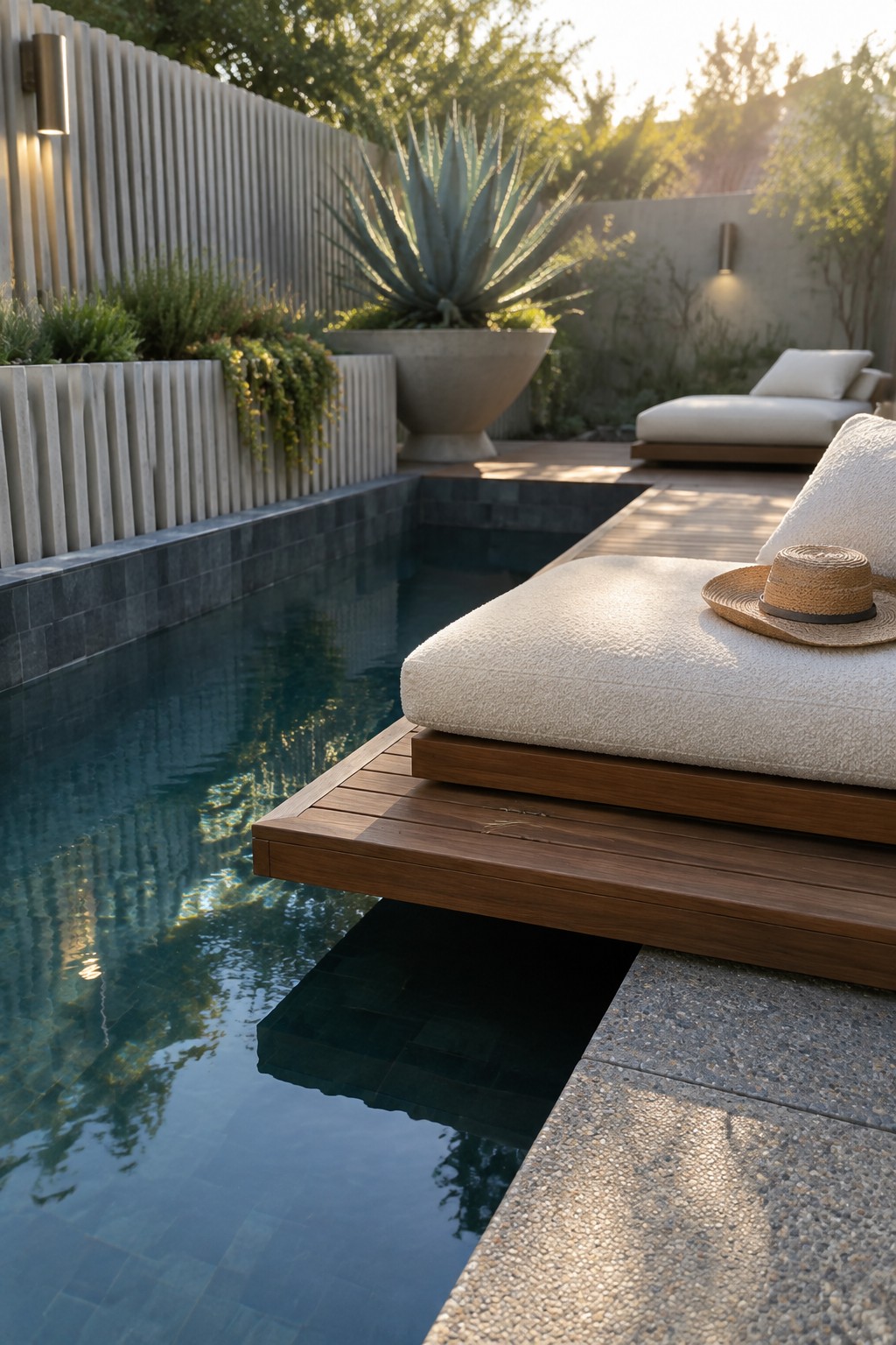 A narrow plunge pool with dark tiles borders a wooden deck holding a white lounge chair and straw hat, with concrete planters and walls visible behind.