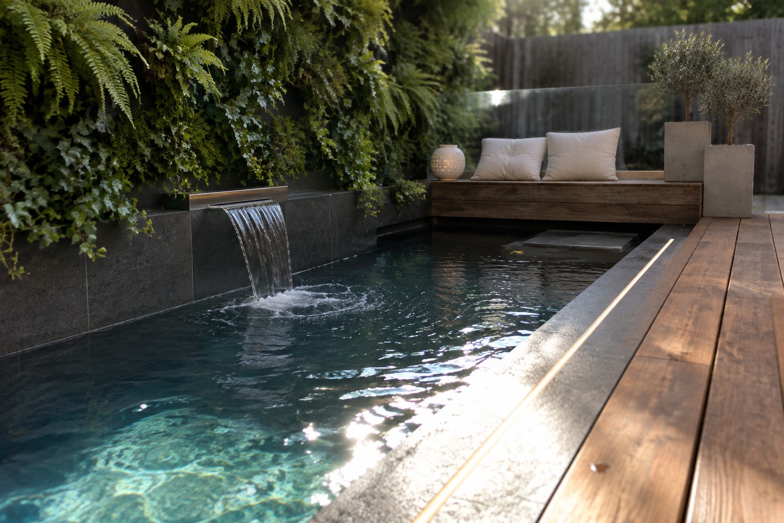 A rectangular plunge pool with dark tiles, a waterfall feature on one side, a wooden bench with cushions along the left edge, and linear LED lights along the deck borders.