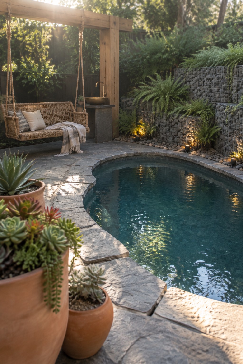 A compact plunge pool with curved stone edging, a hanging wicker swing on a wooden frame, potted succulents in the foreground, and a gabion wall planted with ferns and ground lights.