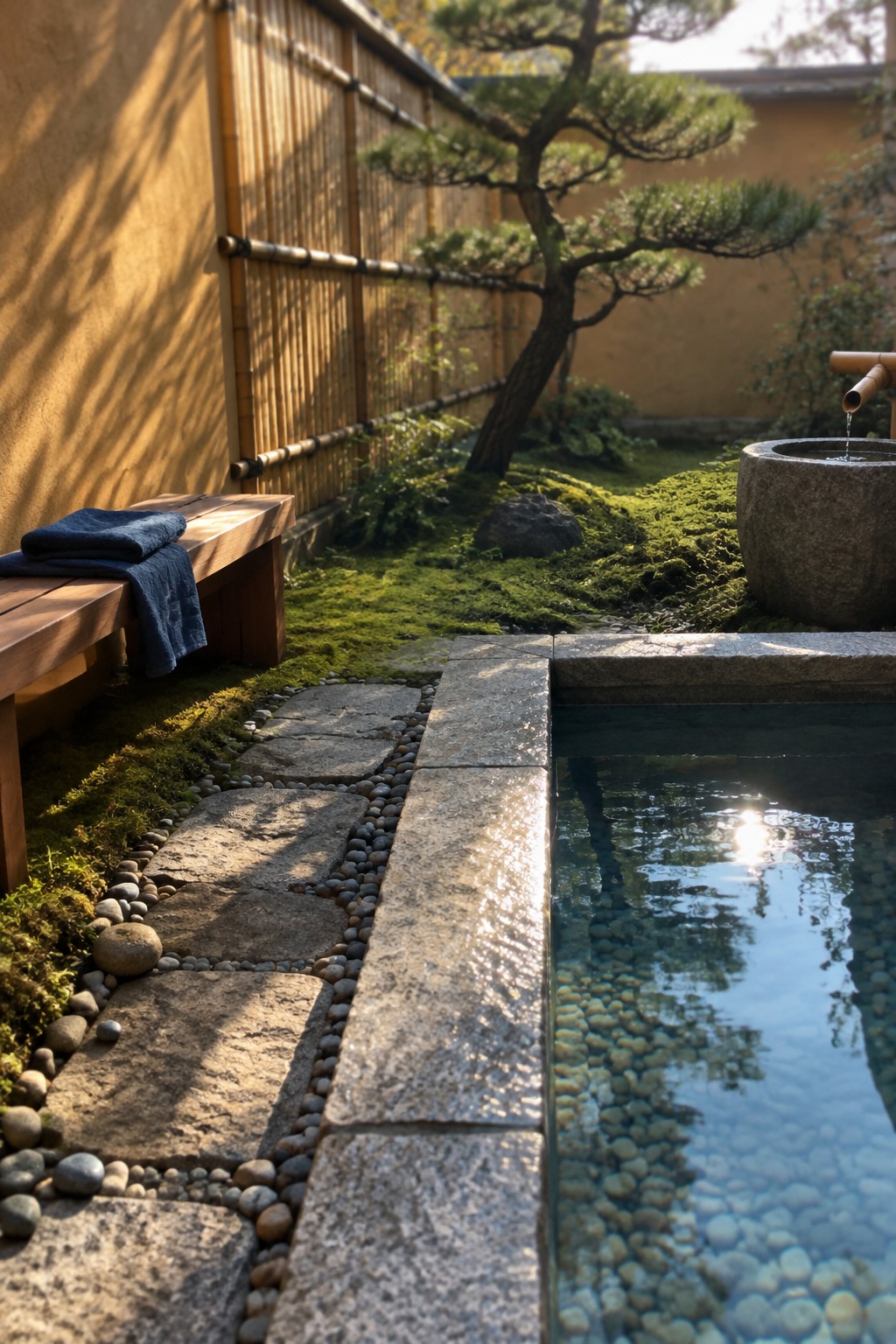 Japanese zen garden with wooden bench, blue towels, stone path, moss, and pool
