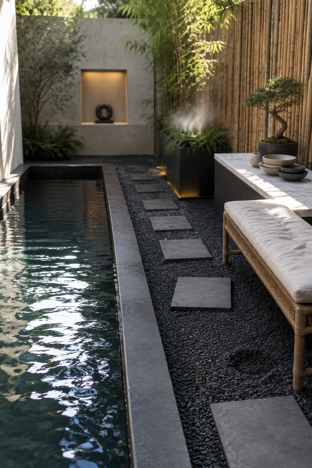 Modern zen courtyard with long reflecting pool, stone path, woven bench and bonsai.