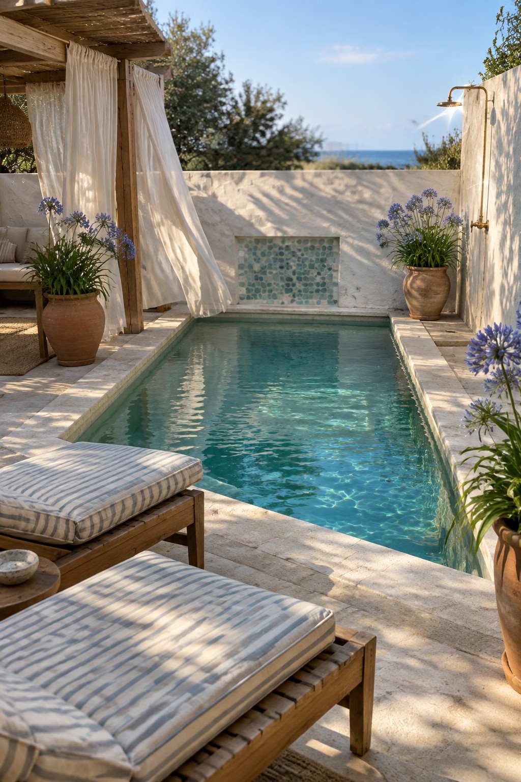 A narrow rectangular plunge pool with light stone decking, two wooden lounge chairs with striped cushions in the foreground, and terracotta pots with blue flowering plants along the edges.