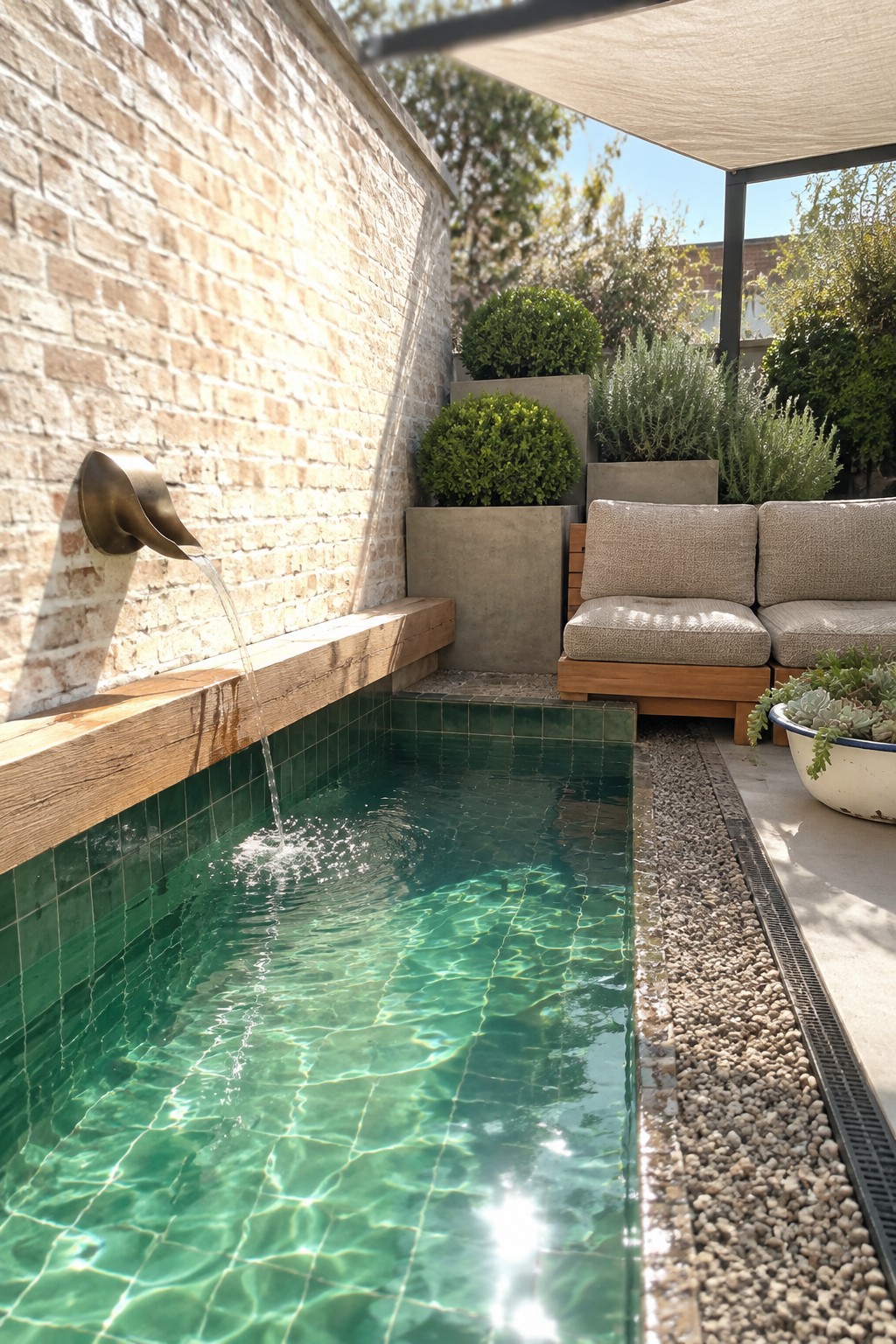 Small green-tiled pool with brass spout pouring water against brick wall and patio seating