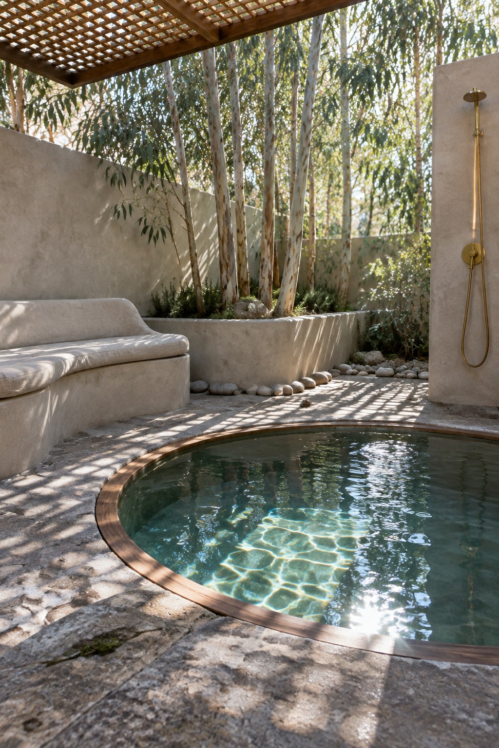 A round plunge pool with a wooden rim sits in a stone-paved courtyard, surrounded by concrete walls and a curved built-in bench, with an outdoor shower on a concrete wall and trees visible beyond.