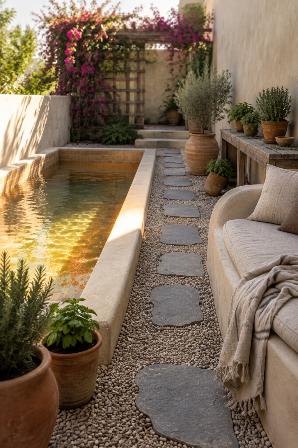 A narrow plunge pool with stone edging runs alongside a gravel path with irregular gray stepping stones, terracotta pots with plants, and a cushioned outdoor sofa on the right.
