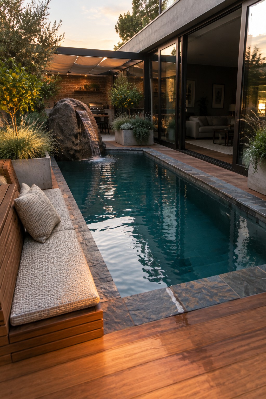A narrow plunge pool with dark stone coping, a large rock waterfall on the left side, wooden decking with built-in cushioned seating, and open glass doors leading into a modern house.