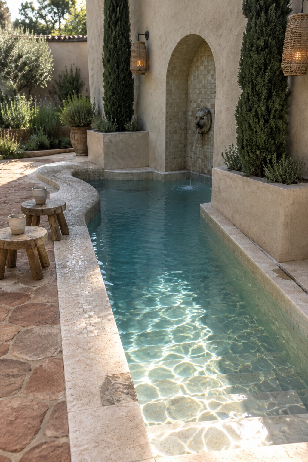 Sunlit narrow pool with lion fountain in arched niche amid cypress trees and stone stools.
