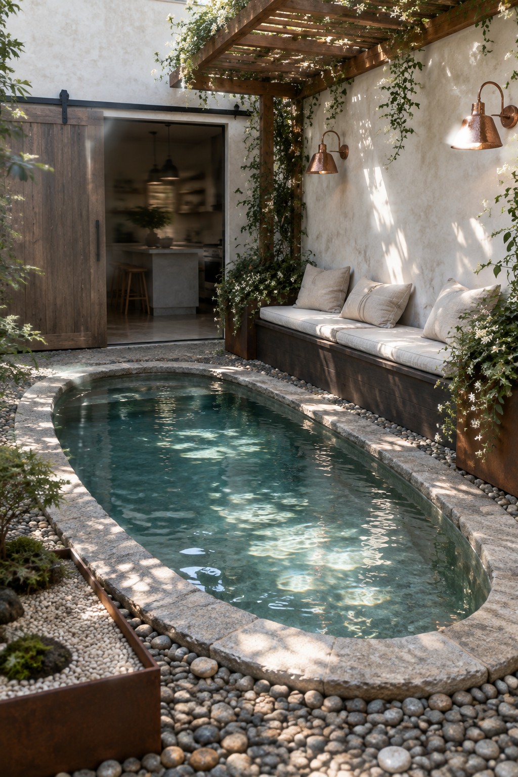 An oval plunge pool lined with irregular stone coping sits in a bed of river pebbles beside a built-in wooden bench and climbing plants.