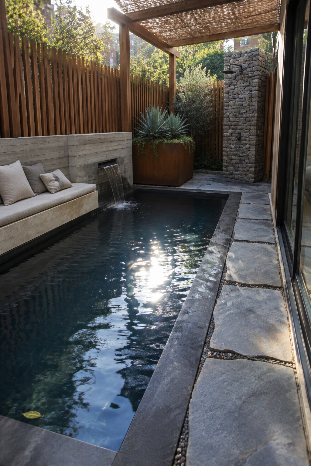 A rectangular plunge pool with dark water sits beside a path of large gray stone pavers, with a concrete bench and small waterfall on the left and a wooden pergola overhead.