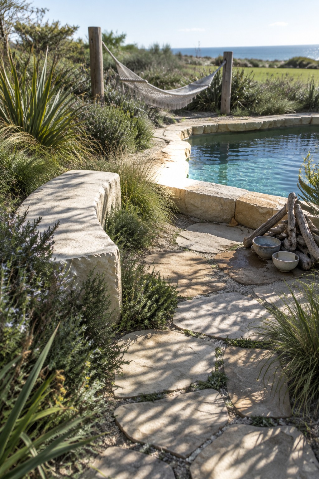 Stone path curves past turquoise pool with hammock and ocean view beyond