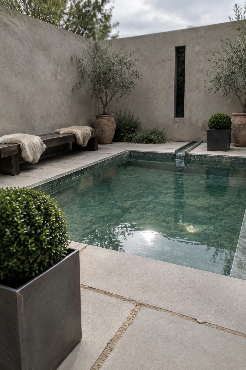 Rectangular pool with clear water in minimalist concrete courtyard with potted olive trees and benches.