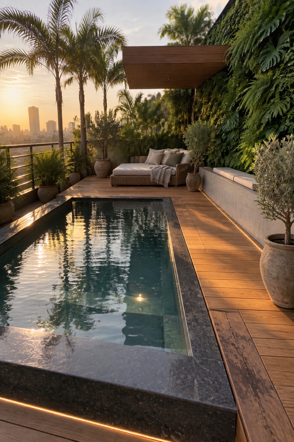 A rectangular plunge pool with dark stone edging is set into a wooden deck with integrated lighting, surrounded by potted plants and palm trees overlooking a city skyline at sunset.