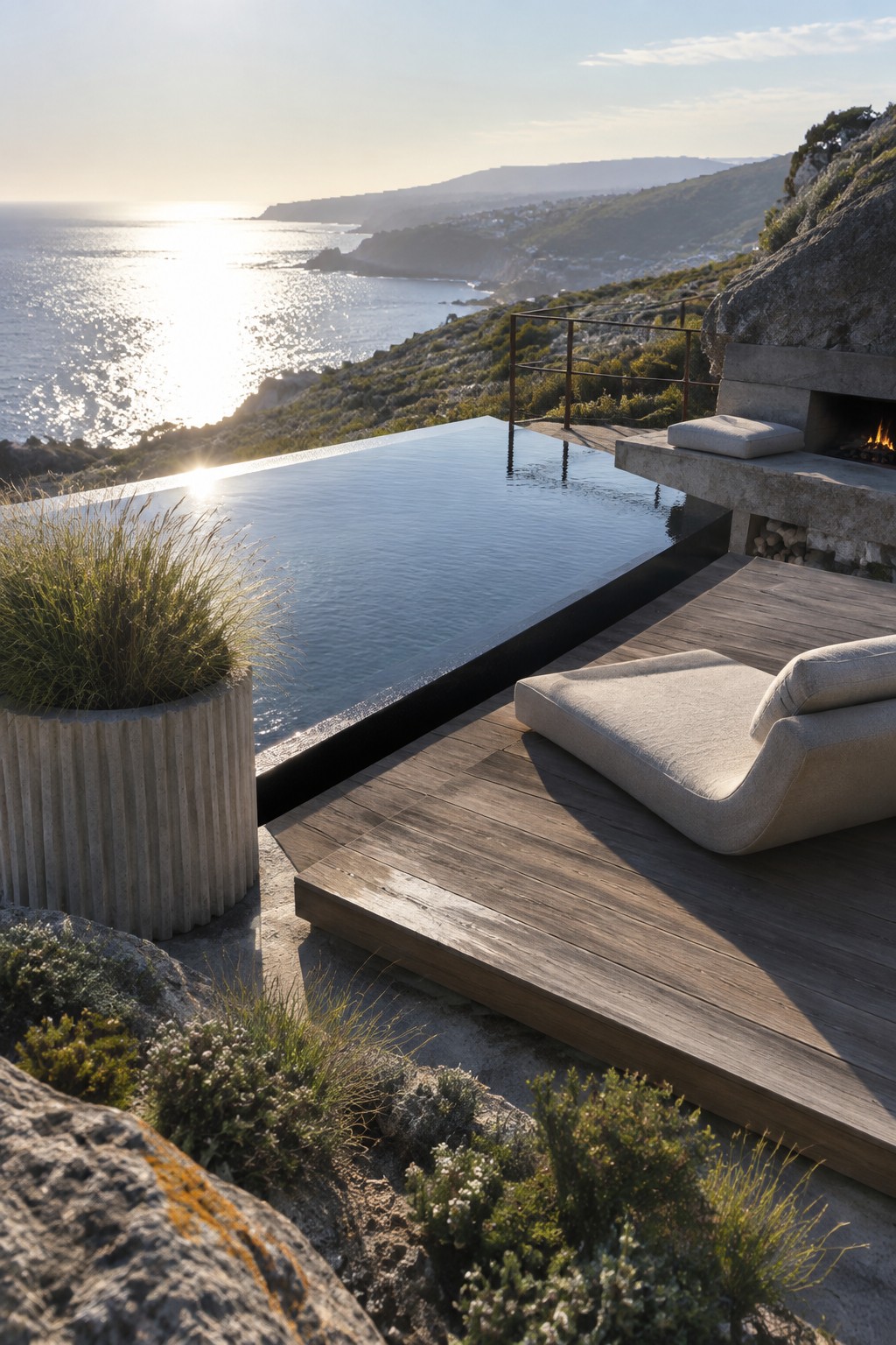 An outdoor plunge pool with an infinity edge, wooden deck, lounge chair, and stone fireplace overlooking a coastal hillside at sunset.
