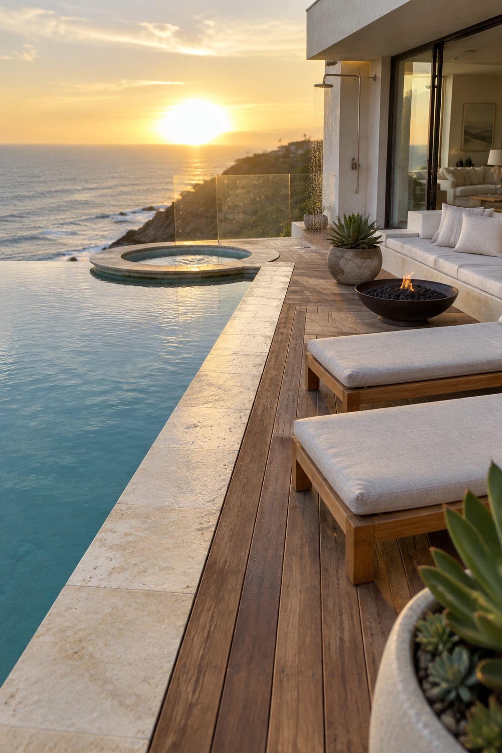19 Resort-Inspired Infinity Pools With Integrated Spas and Hot Tubs An infinity pool with a circular spa on a wooden deck, lounge chairs, fire pit, and ocean view at sunset.