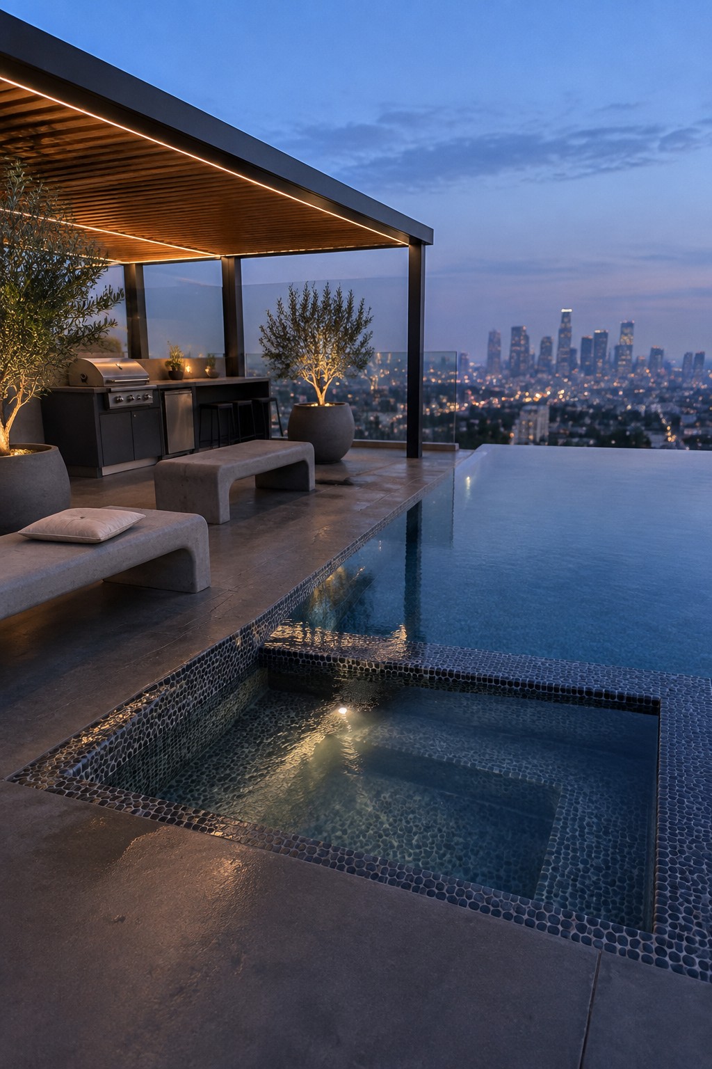 19 Resort-Inspired Infinity Pools With Integrated Spas and Hot Tubs A rooftop terrace at dusk shows a large infinity pool overlooking a city skyline, with a smaller square mosaic-tiled spa in the foreground and an outdoor kitchen to the left.