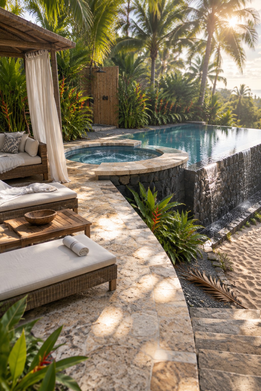 19 Resort-Inspired Infinity Pools With Integrated Spas and Hot Tubs An infinity pool with a circular integrated hot tub set into a stone edge, surrounded by lounge chairs, a cabana, and tropical plants.