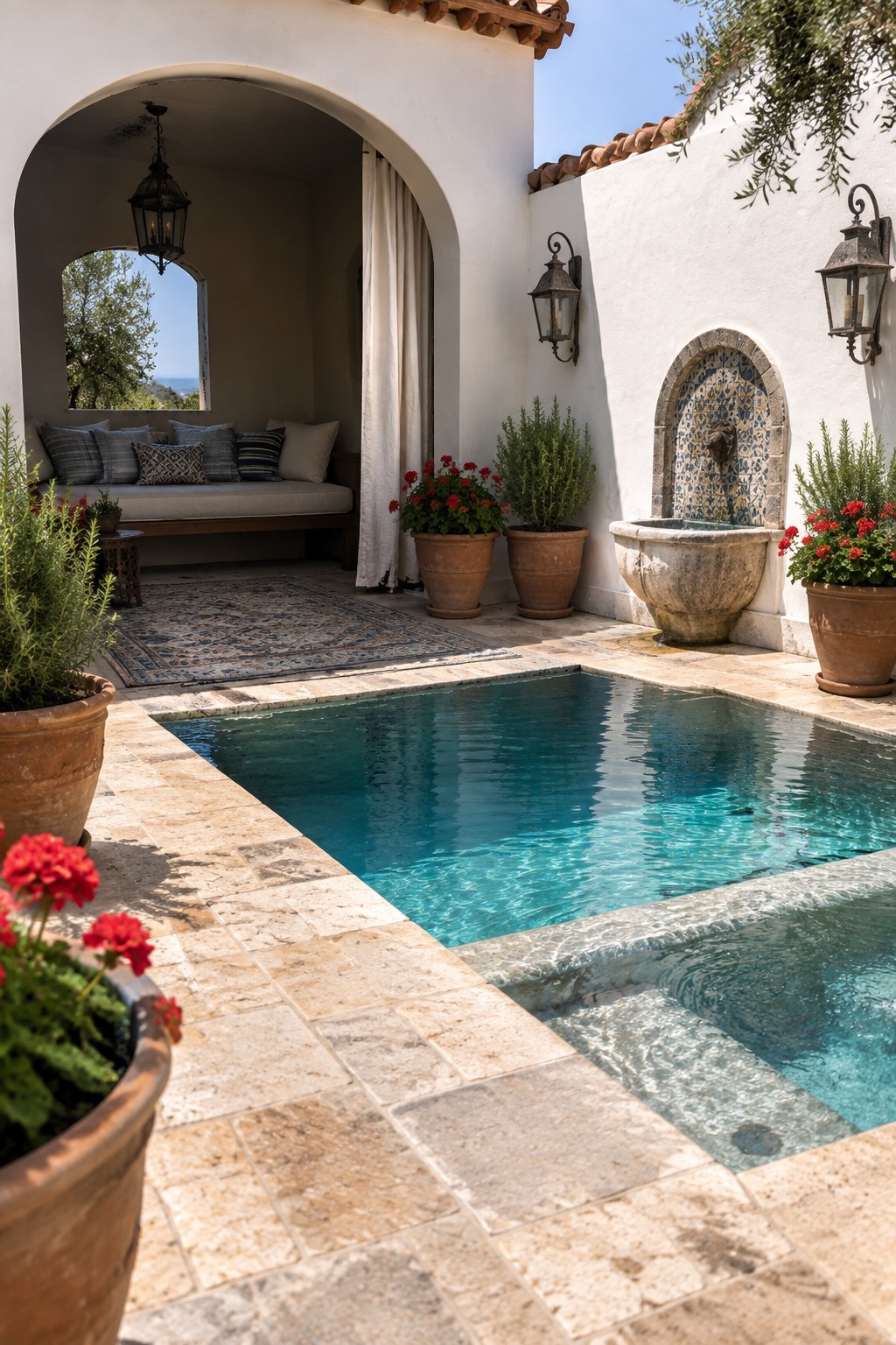 19 Resort-Inspired Infinity Pools With Integrated Spas and Hot Tubs A rectangular pool with stone decking bordered by terracotta pots of red flowers, a tiled wall fountain, and an arched seating nook in the background.