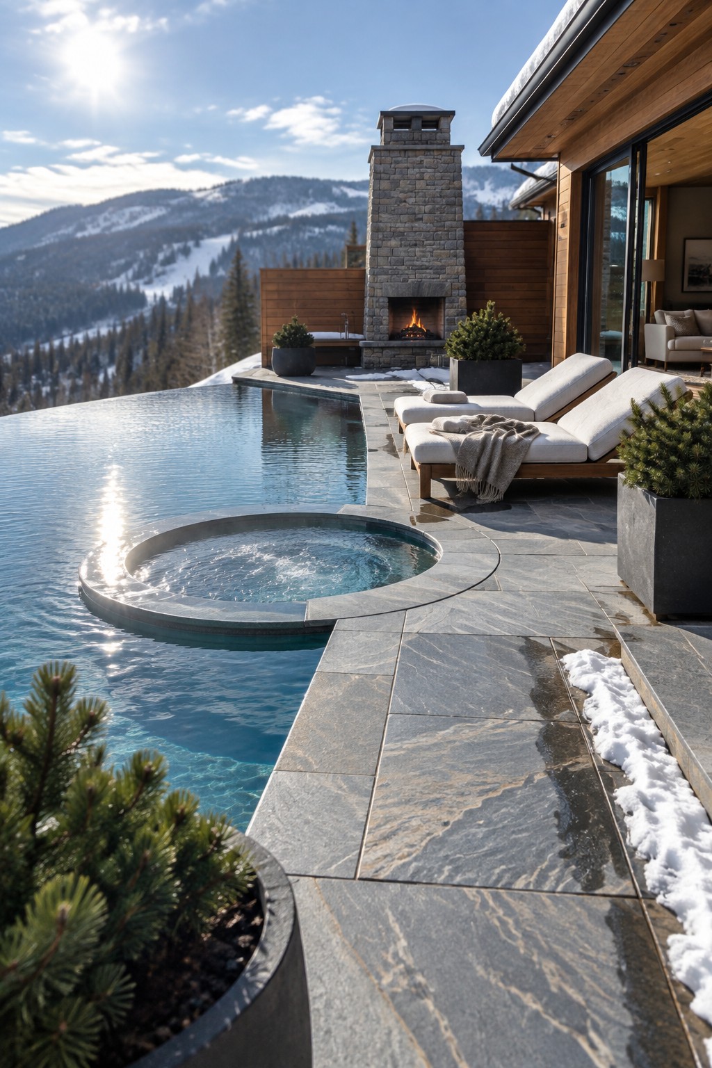 19 Resort-Inspired Infinity Pools With Integrated Spas and Hot Tubs Infinity pool with hot tub on snowy mountain patio beside fireplace and lounge chairs