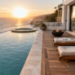 An infinity pool with a circular spa on a wooden deck, lounge chairs, fire pit, and ocean view at sunset.