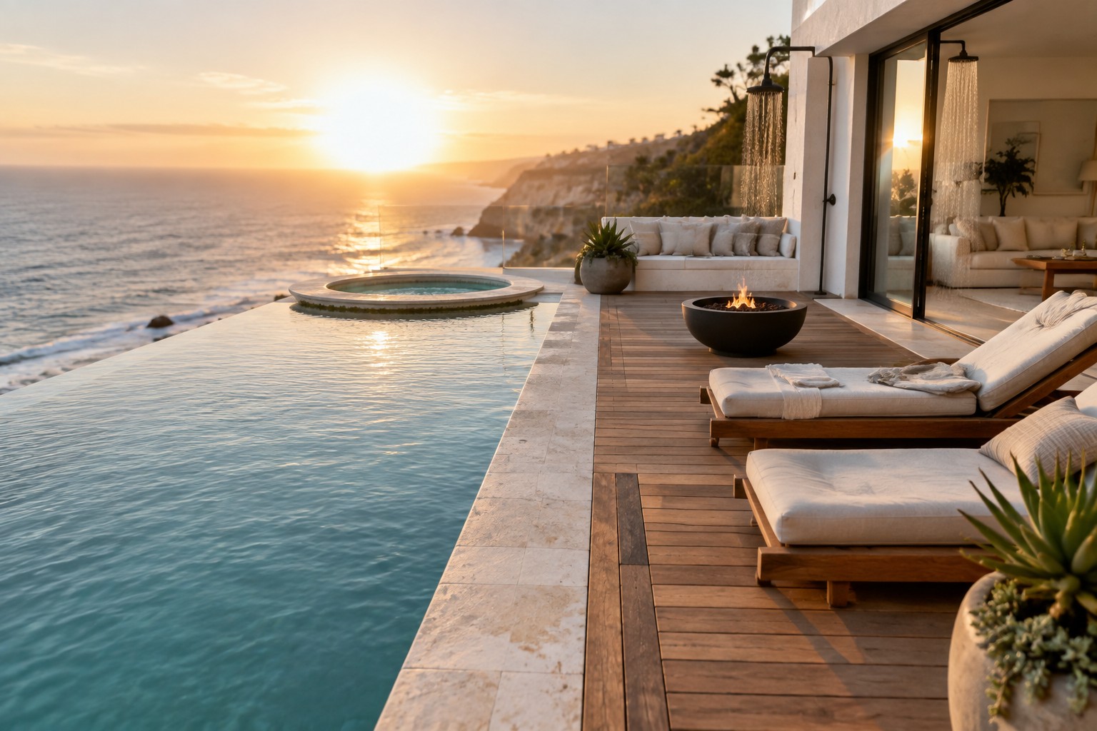 An infinity pool with a circular spa on a wooden deck, lounge chairs, fire pit, and ocean view at sunset.