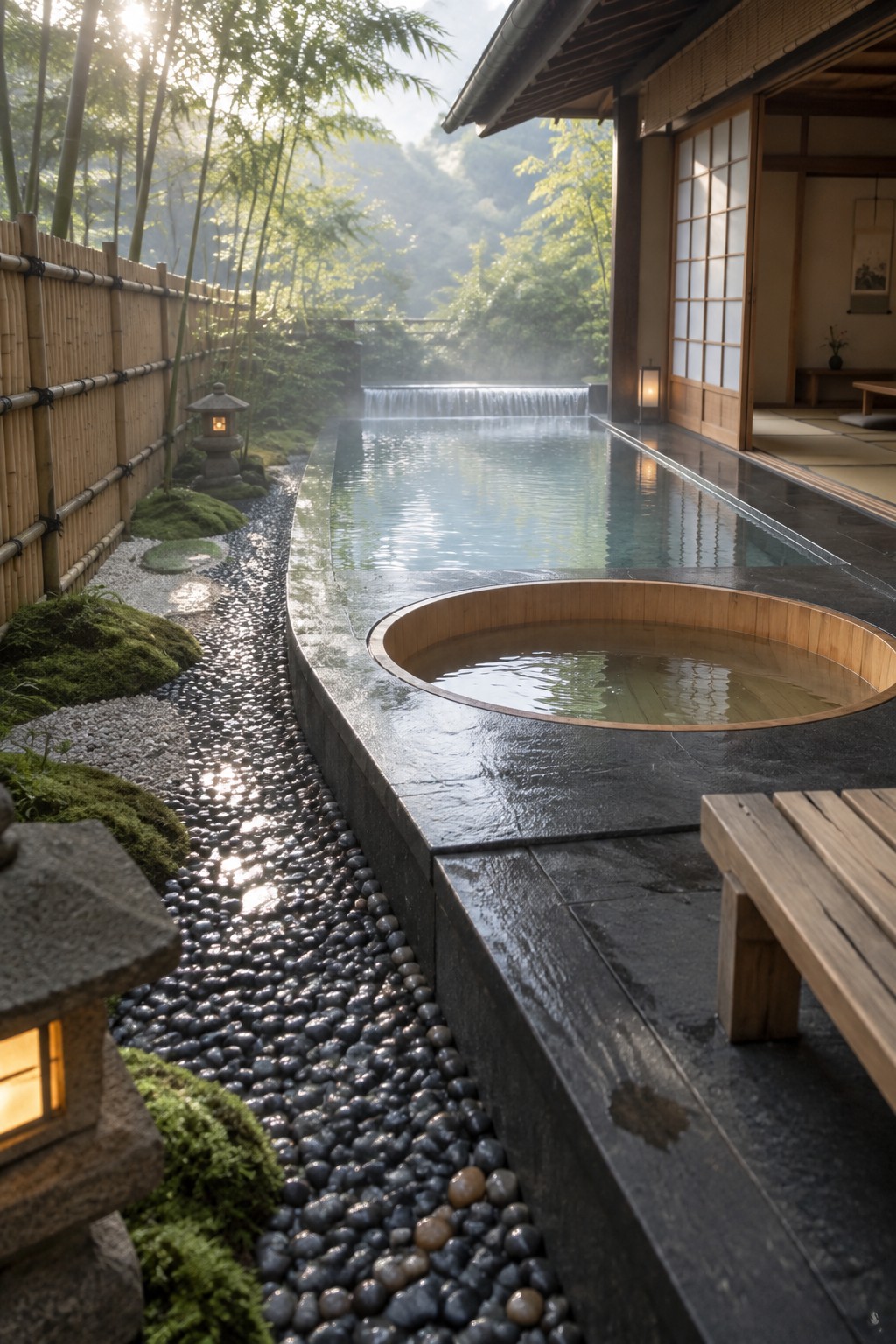 19 Resort-Inspired Infinity Pools With Integrated Spas and Hot Tubs A long infinity pool with a round wooden hot tub set into the dark stone deck, next to a pebble stream and bamboo garden beside a Japanese-style house.