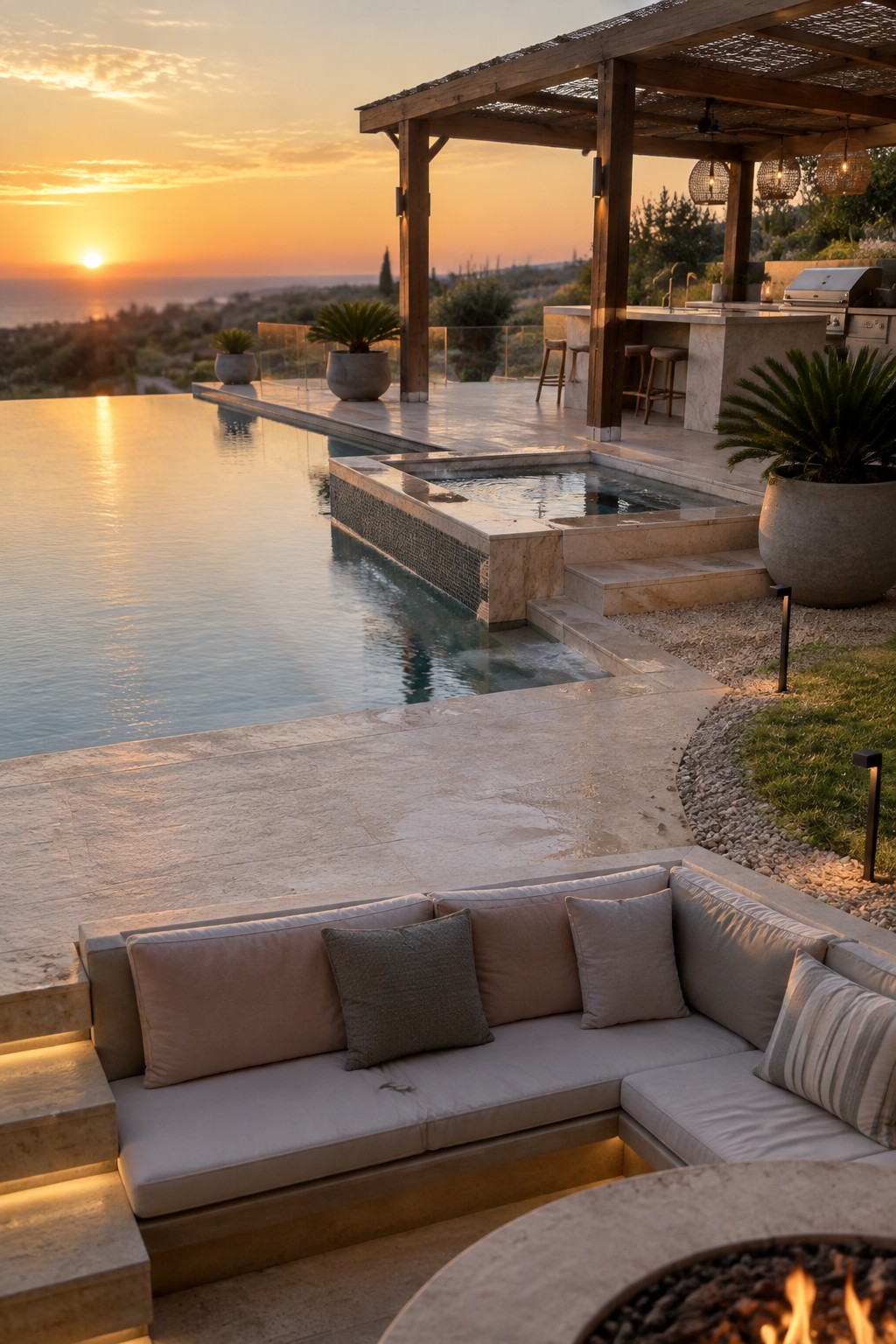 19 Resort-Inspired Infinity Pools With Integrated Spas and Hot Tubs An infinity pool with an attached raised spa on a stone deck, outdoor sectional seating with a fire pit, and a wooden pergola at sunset.