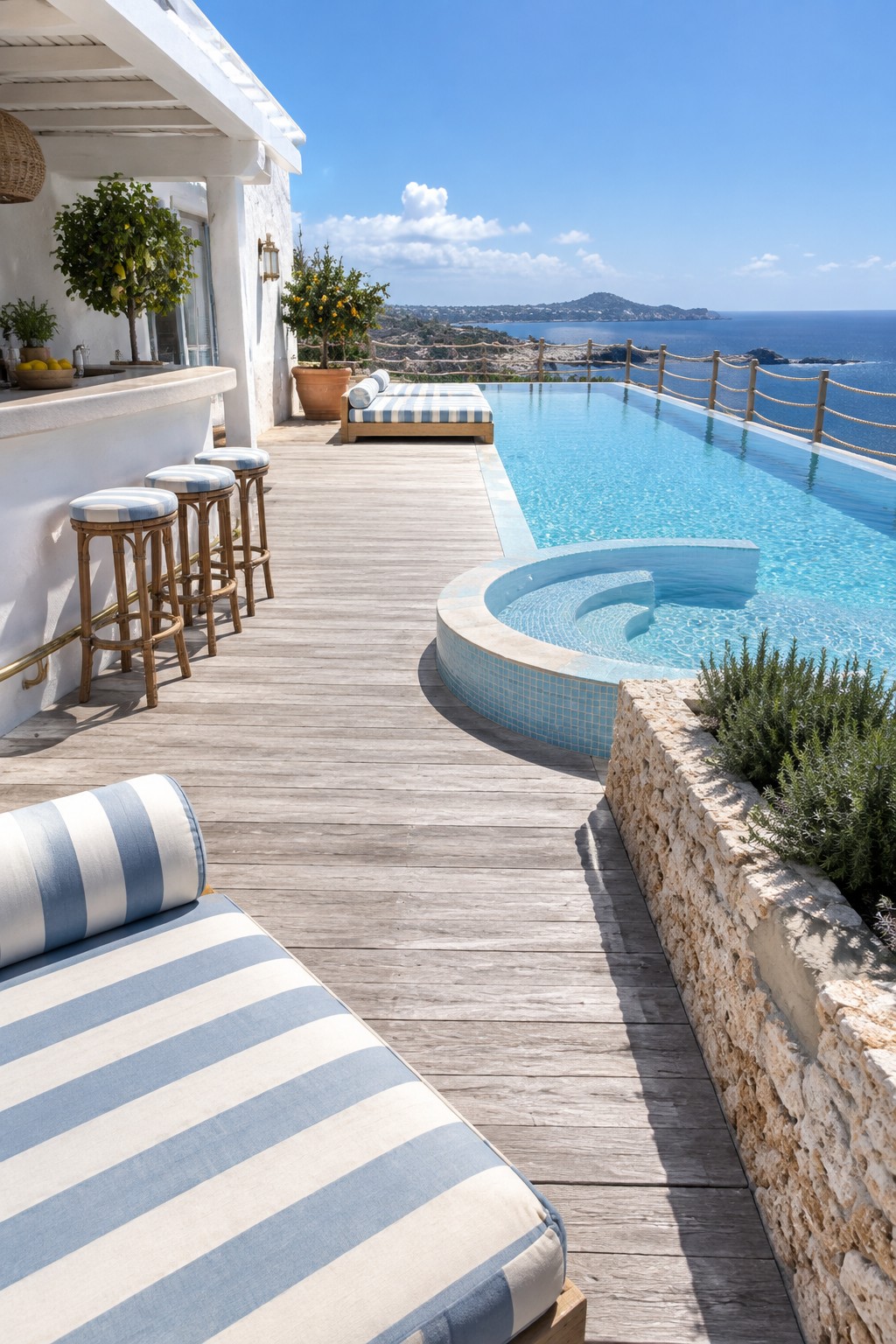 19 Resort-Inspired Infinity Pools With Integrated Spas and Hot Tubs An outdoor wooden deck features a rectangular infinity pool with a curved blue-tiled spa section attached to one side, along with striped lounge chairs and bar stools overlooking the sea.