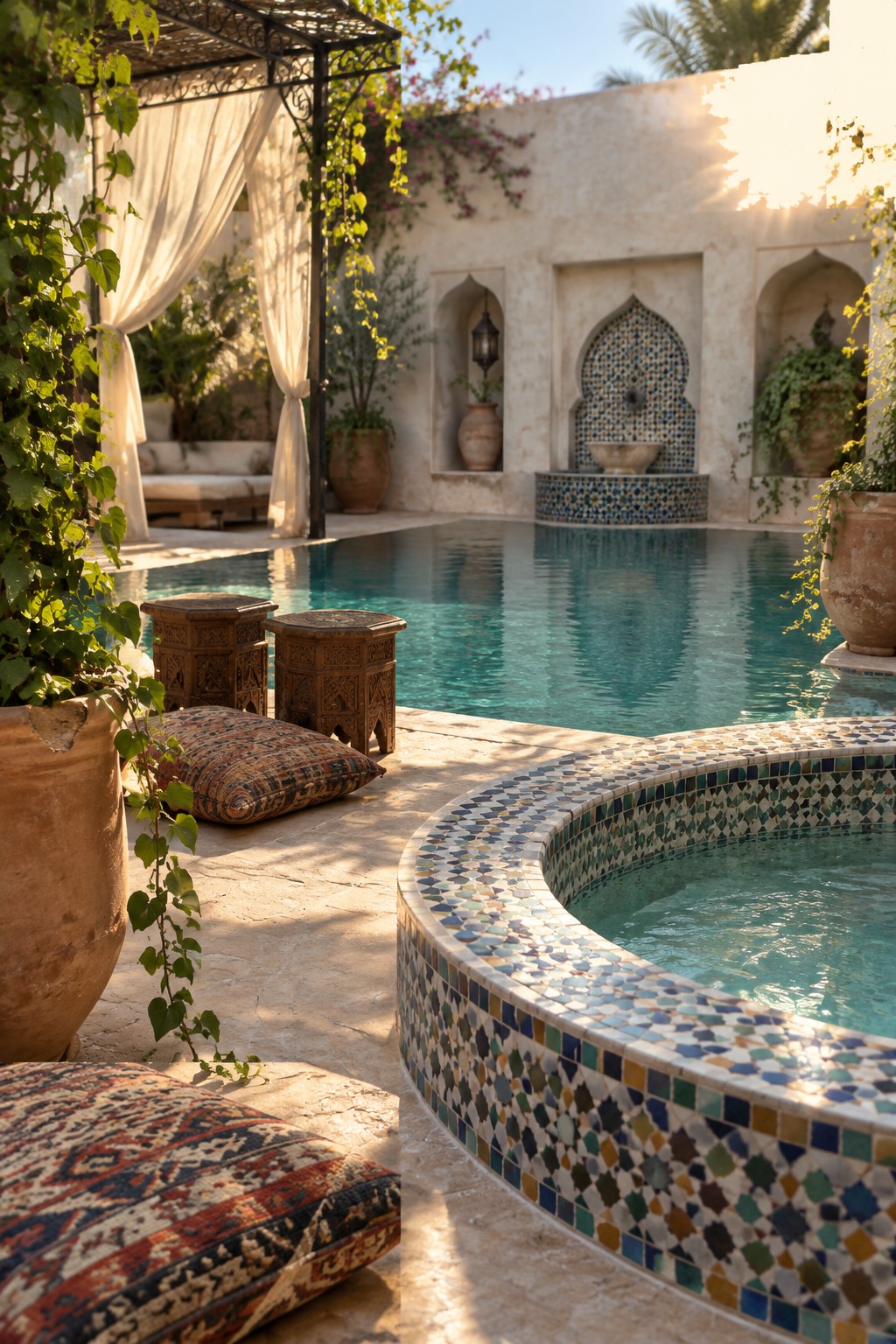 19 Resort-Inspired Infinity Pools With Integrated Spas and Hot Tubs An outdoor pool area shows a large rectangular pool next to a smaller circular spa with colorful mosaic tile edging, set on a stone deck with potted plants and cushions nearby.