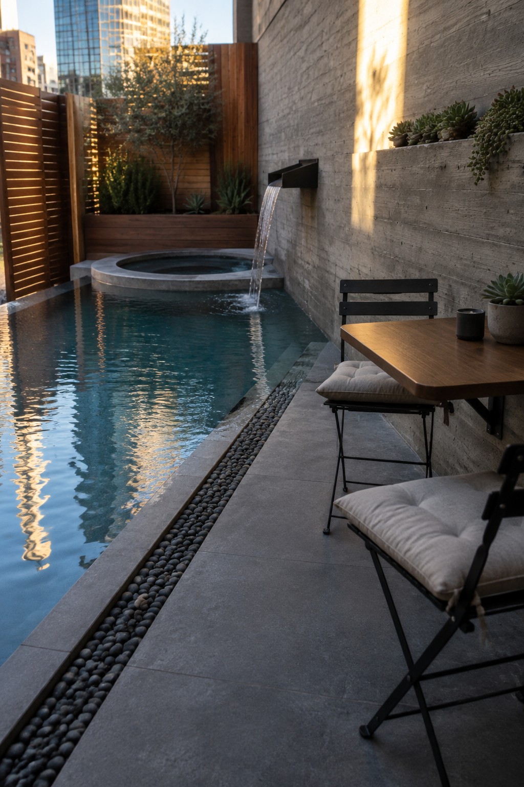19 Resort-Inspired Infinity Pools With Integrated Spas and Hot Tubs A narrow lap pool runs alongside a concrete wall, with a circular raised spa spilling water into the pool and a small dining area set on the adjacent patio.