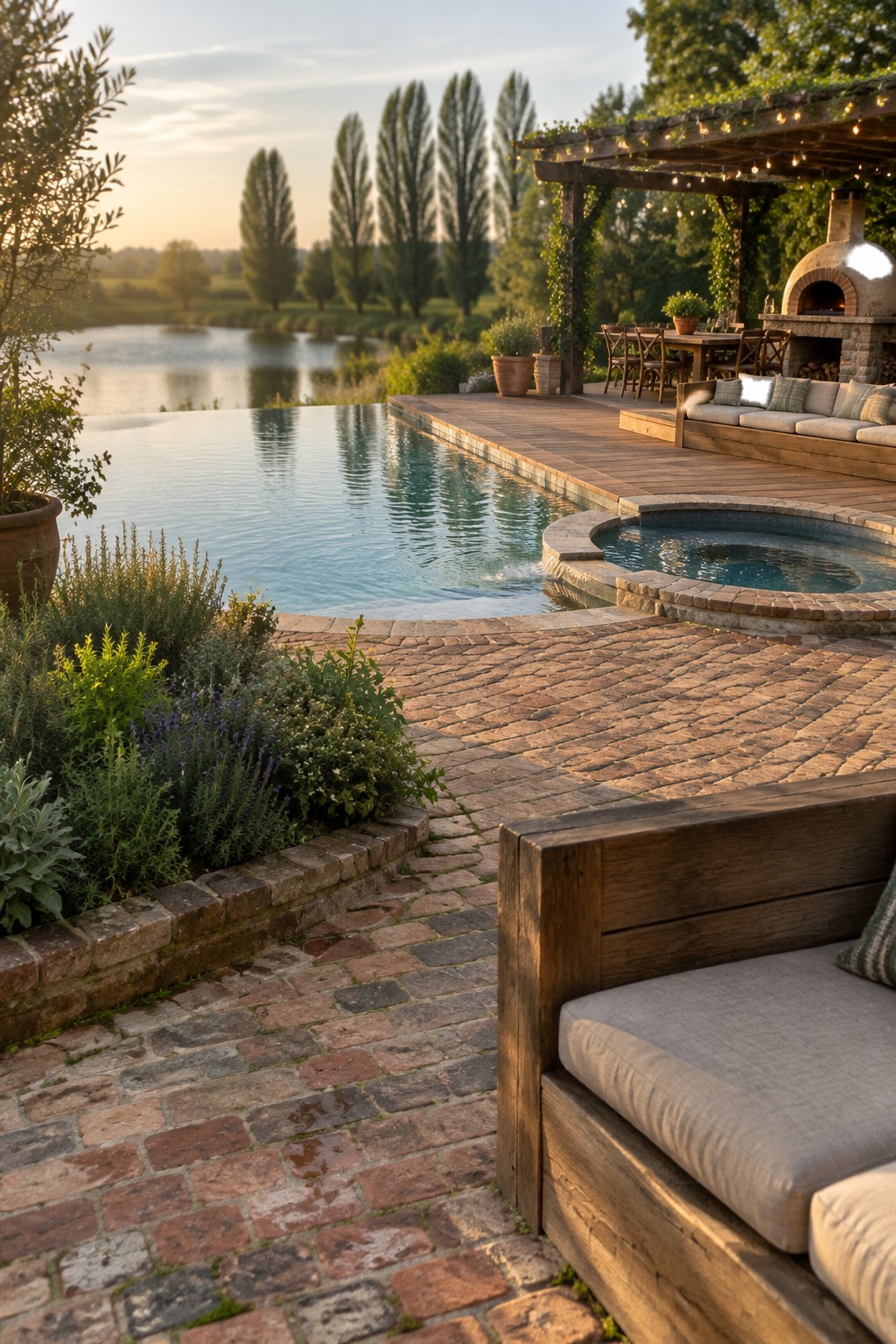19 Resort-Inspired Infinity Pools With Integrated Spas and Hot Tubs An infinity pool with a circular hot tub built into a brick patio next to a wooden deck and pergola with string lights.