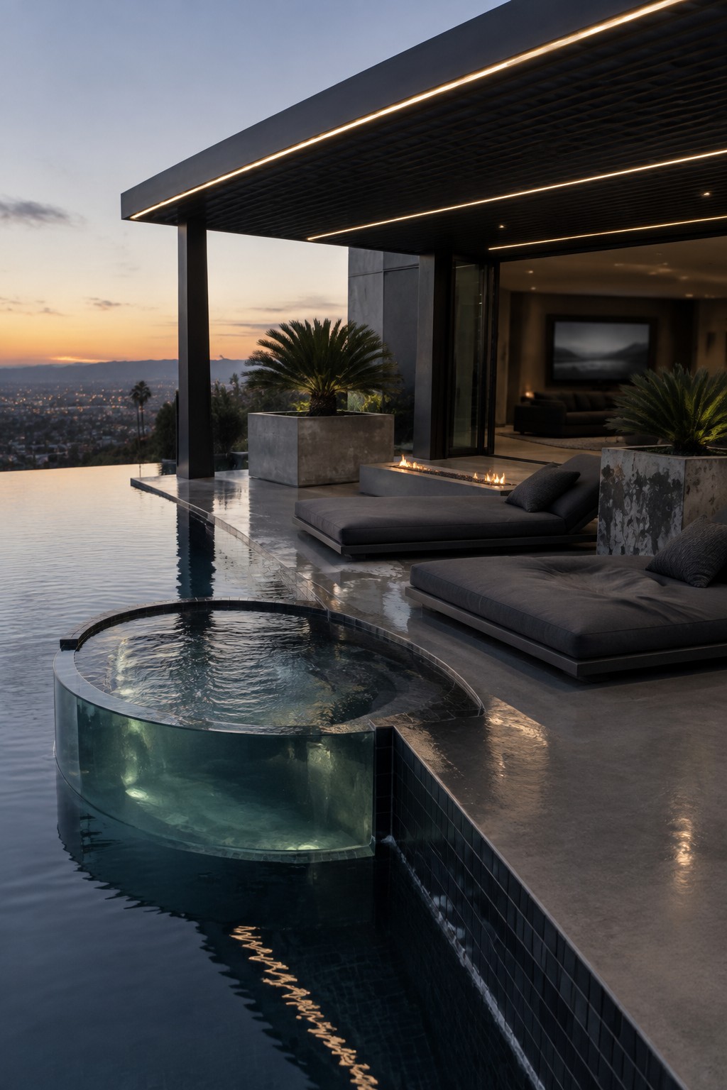 19 Resort-Inspired Infinity Pools With Integrated Spas and Hot Tubs A modern infinity pool with a circular glass-walled spa integrated at the edge, dark lounge chairs on a concrete patio, and a city view at dusk.