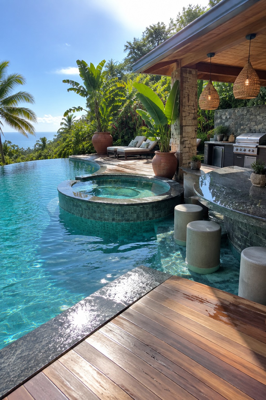 19 Resort-Inspired Infinity Pools With Integrated Spas and Hot Tubs Luxury infinity pool with hot tub overlooking ocean, tropical plants and outdoor kitchen