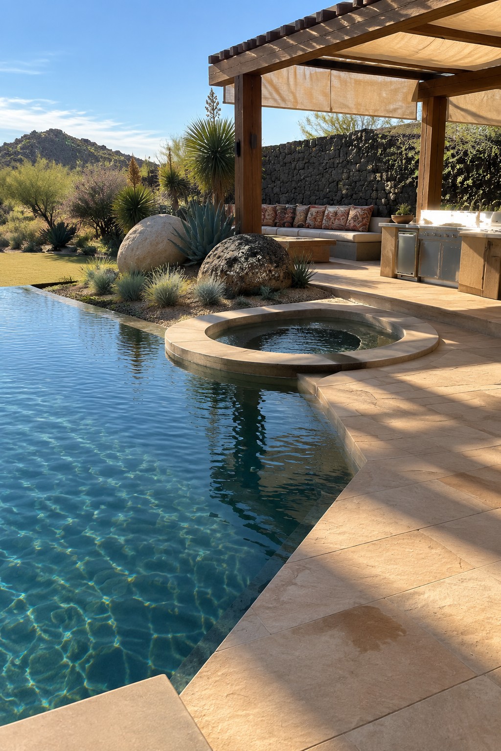19 Resort-Inspired Infinity Pools With Integrated Spas and Hot Tubs An infinity pool with a circular spa built into the stone edge, next to a covered patio with seating and an outdoor kitchen in a desert setting.
