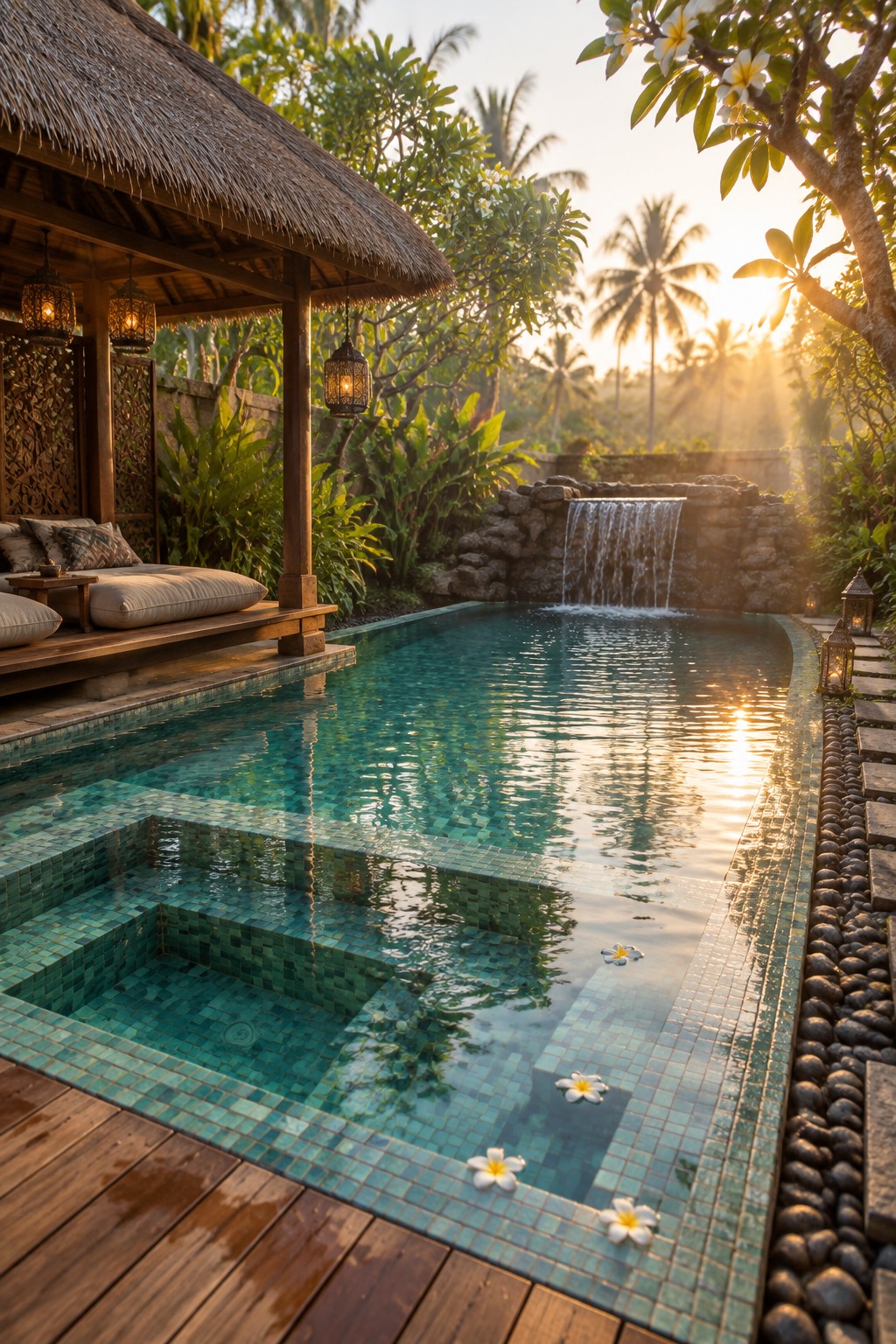 19 Resort-Inspired Infinity Pools With Integrated Spas and Hot Tubs A resort-style pool with turquoise mosaic steps, a thatched wooden pavilion on the left, and a stone waterfall on the right, surrounded by tropical plants at sunset.