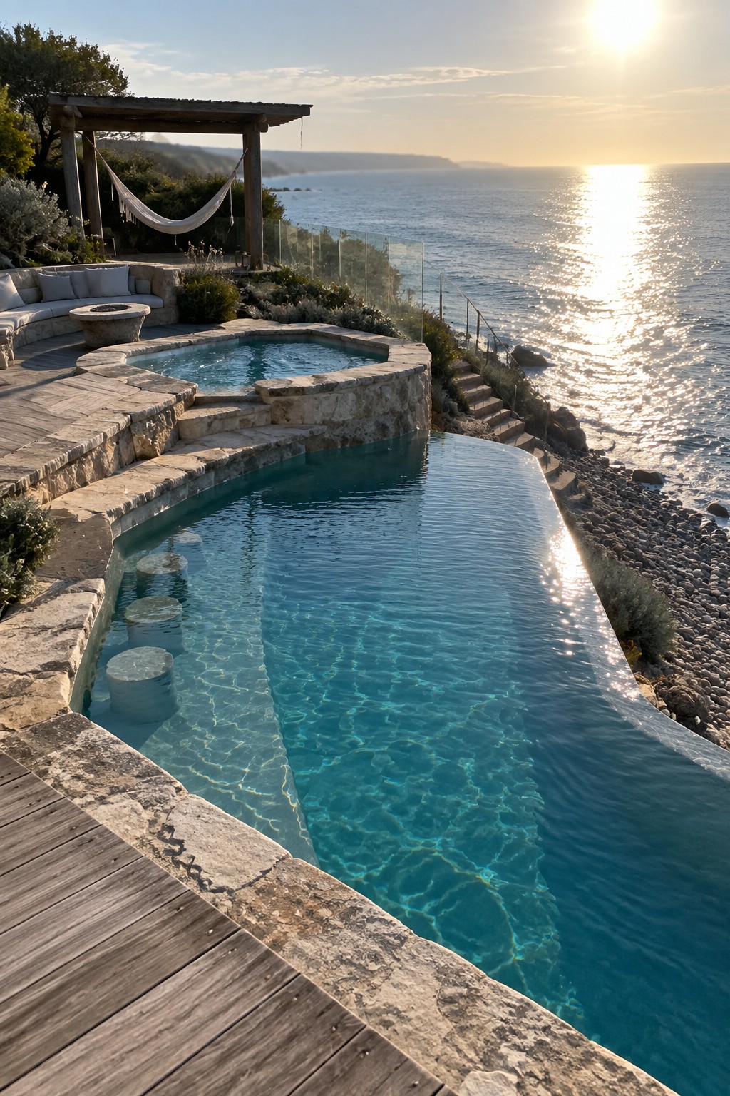 19 Resort-Inspired Infinity Pools With Integrated Spas and Hot Tubs An infinity pool with a raised circular stone spa sits on a cliffside deck overlooking the ocean at sunset.