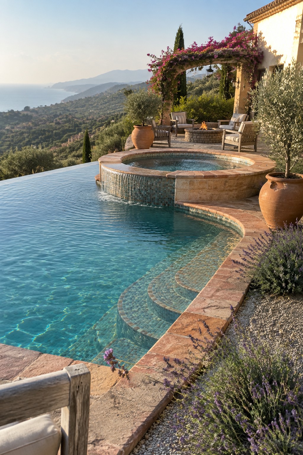 19 Resort-Inspired Infinity Pools With Integrated Spas and Hot Tubs An infinity pool with a raised circular spa that has a mosaic-tiled waterfall edge, set on a stone patio with lounge chairs, a fire pit, and distant ocean views.