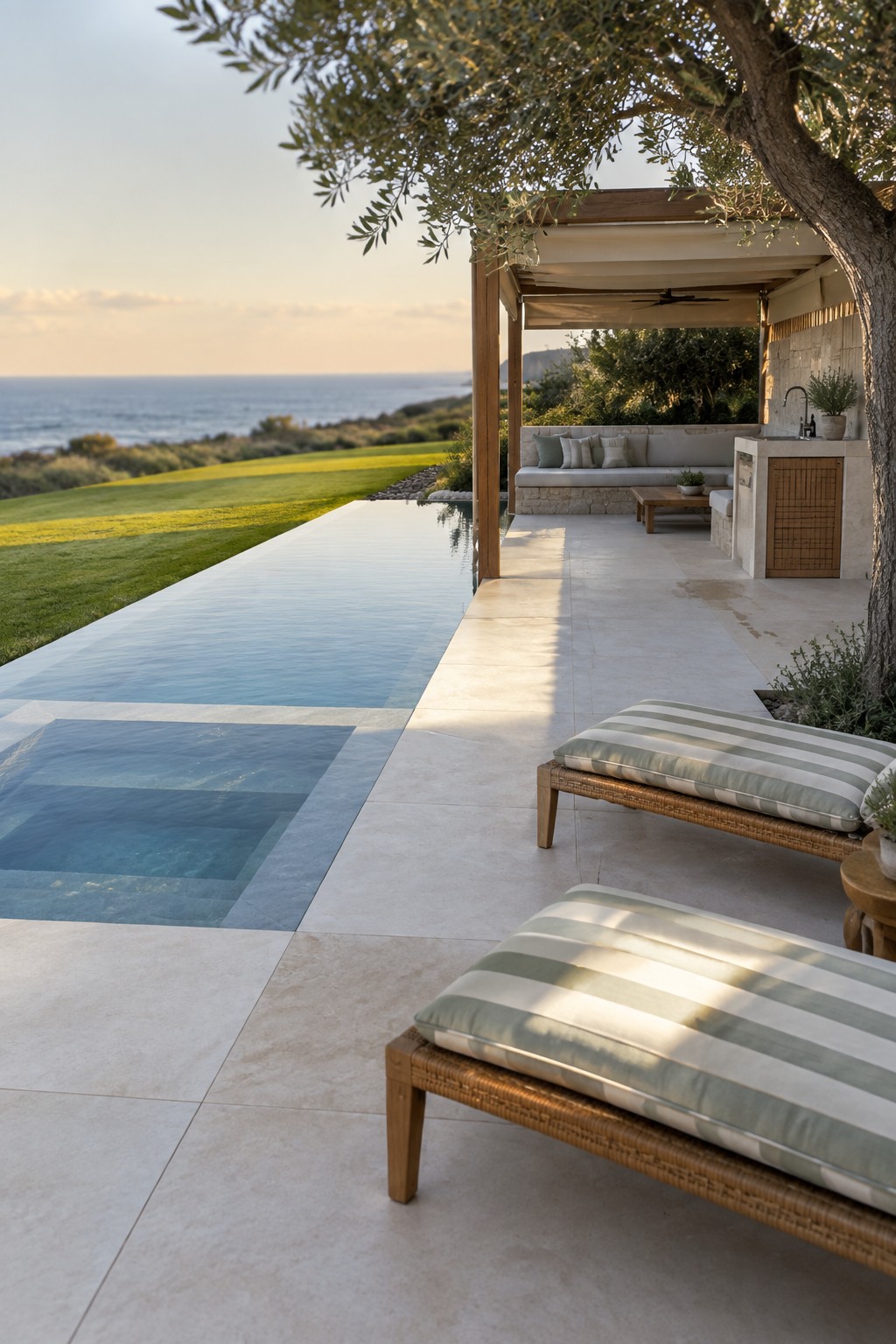 19 Resort-Inspired Infinity Pools With Integrated Spas and Hot Tubs A long infinity pool with a square spa inset at deck level, two striped lounge chairs on a stone patio, and a covered seating area with an ocean view.