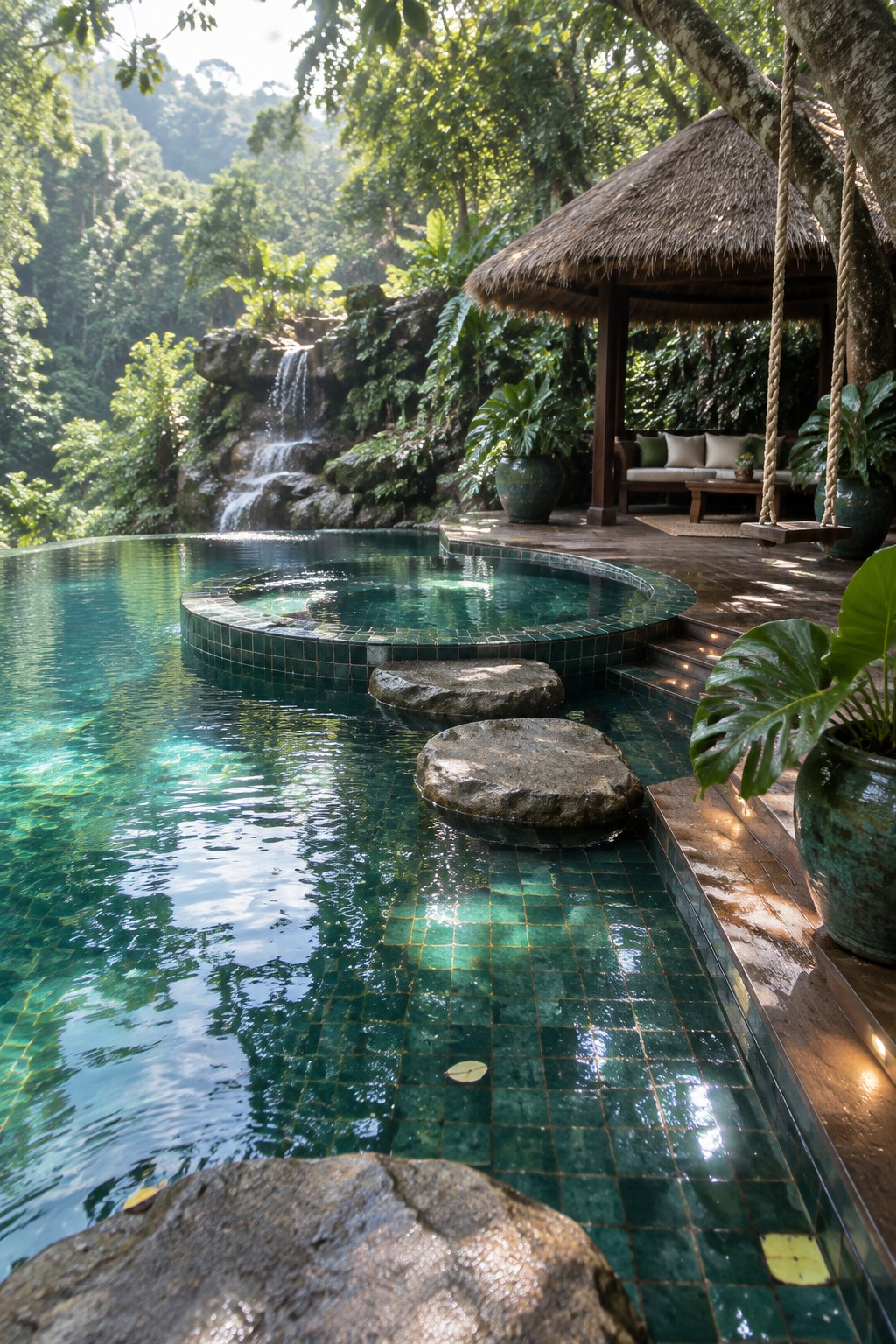 19 Resort-Inspired Infinity Pools With Integrated Spas and Hot Tubs A green-tiled infinity pool with large rock stepping stones leading to a raised circular spa section, next to a thatched gazebo in a jungle landscape.